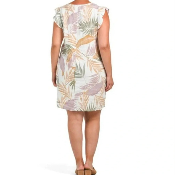 Tahari Womens plus size 1X 100% Linen Tropical Print Shift Dress Ruffle Sleeve - Picture 2 of 6